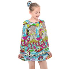 Supersonic Octopus Kids  Long Sleeve Dress by chellerayartisans