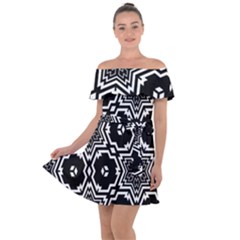 Black White Abstract Flower Off Shoulder Velour Dress