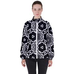 Black White Abstract Flower High Neck Windbreaker (women) by retrotoomoderndesigns