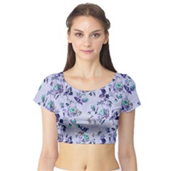 Vintage Roses Purple Short Sleeve Crop Top by retrotoomoderndesigns