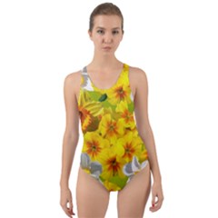 Daffodil Surprise Cut-out Back One Piece Swimsuit by retrotoomoderndesigns