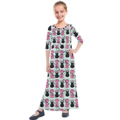 Waitress Uniform Dresses Nerdy Glasses Pattern Green Kids  Quarter Sleeve Maxi Dress