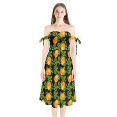 Citrus Tropical Orange Black Shoulder Tie Bardot Midi Dress by snowwhitegirl