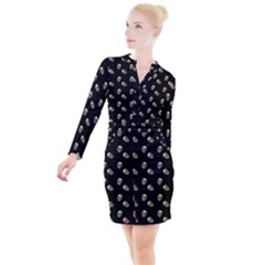 Skull Black Pattern Button Long Sleeve Dress by snowwhitegirl