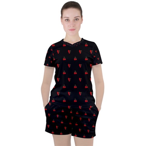 Candy Apple Black Pattern Women s Tee And Shorts Set by snowwhitegirl