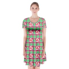 Peppermint Candy Green Plaid Short Sleeve V-neck Flare Dress by snowwhitegirl