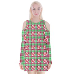 Peppermint Candy Green Plaid Velvet Long Sleeve Shoulder Cutout Dress by snowwhitegirl