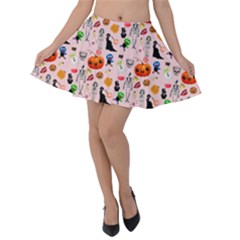 Halloween Treats Pattern Pink Velvet Skater Skirt