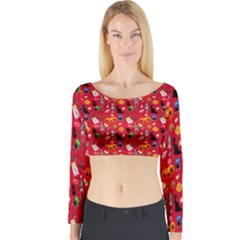 Halloween Treats Pattern Red Long Sleeve Crop Top