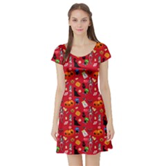 Halloween Treats Pattern Red Short Sleeve Skater Dress