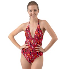 Halloween Treats Pattern Red Halter Cut-Out One Piece Swimsuit