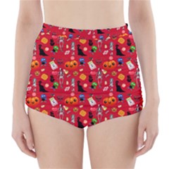 Halloween Treats Pattern Red High-Waisted Bikini Bottoms