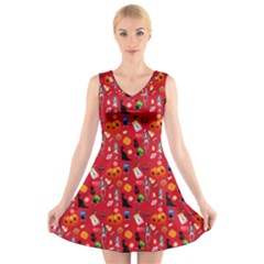 Halloween Treats Pattern Red V-Neck Sleeveless Dress