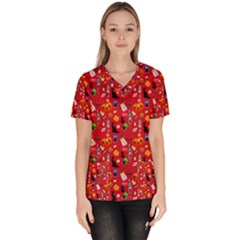 Halloween Treats Pattern Red Women s V-Neck Scrub Top