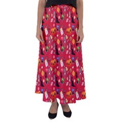 Halloween Treats Pattern Red Flared Maxi Skirt