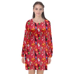 Halloween Treats Pattern Red Long Sleeve Chiffon Shift Dress 