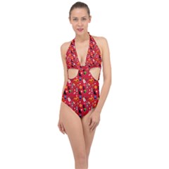 Halloween Treats Pattern Red Halter Front Plunge Swimsuit