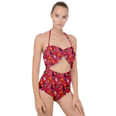 Halloween Treats Pattern Red Scallop Top Cut Out Swimsuit