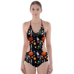 Halloween Treats Pattern Black Cut-out One Piece Swimsuit by snowwhitegirl