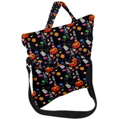 Halloween Treats Pattern Black Fold Over Handle Tote Bag by snowwhitegirl