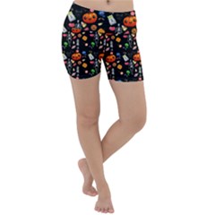 Halloween Treats Pattern Black Lightweight Velour Yoga Shorts by snowwhitegirl