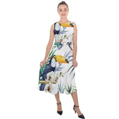 Tropical birds Midi Tie-Back Chiffon Dress