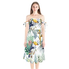 Tropical birds Shoulder Tie Bardot Midi Dress