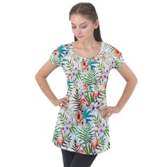 Tropical flamingos Puff Sleeve Tunic Top