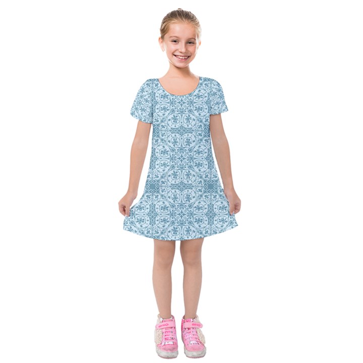 Ornamental Blue Kids  Short Sleeve Velvet Dress