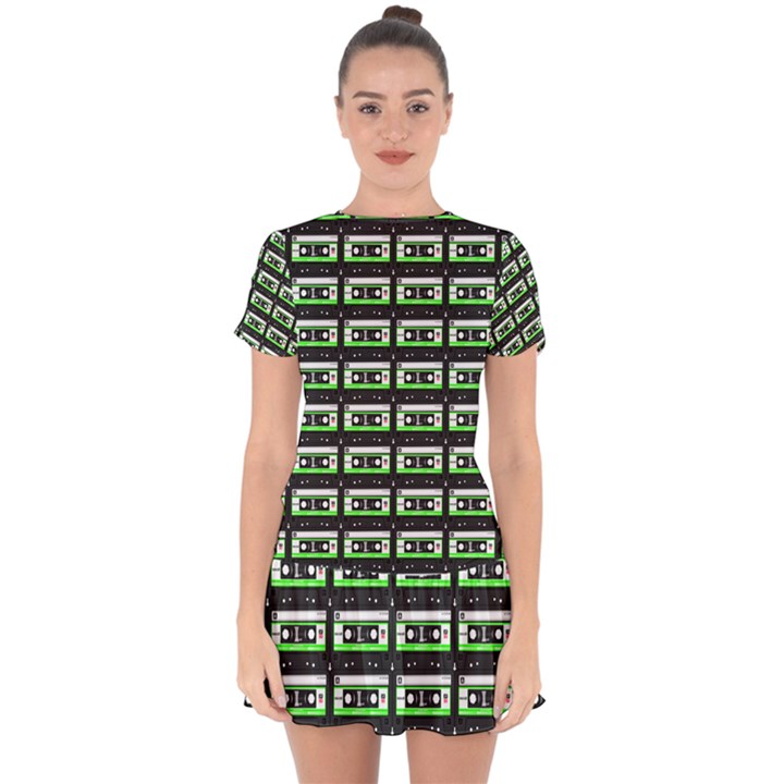 Green Cassette Drop Hem Mini Chiffon Dress