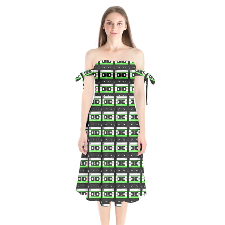 Green Cassette Shoulder Tie Bardot Midi Dress