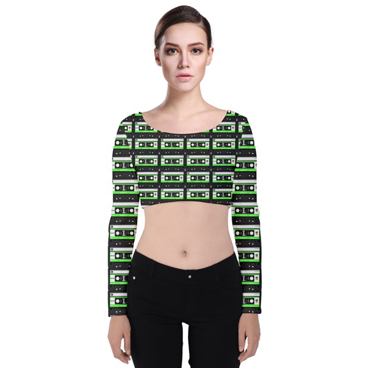 Green Cassette Velvet Long Sleeve Crop Top