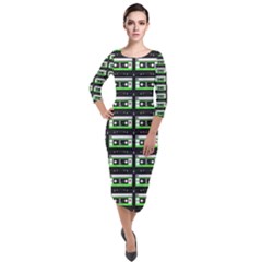 Green Cassette Quarter Sleeve Midi Velour Bodycon Dress