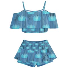 Zen Lotus Wood Wall Blue Kids  Off Shoulder Skirt Bikini by snowwhitegirl