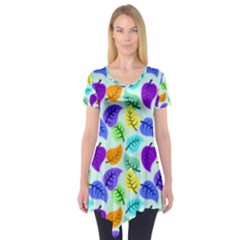 Colorful Leaves Blue Short Sleeve Tunic 