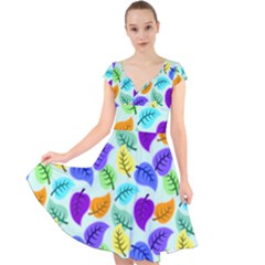 Colorful Leaves Blue Cap Sleeve Front Wrap Midi Dress