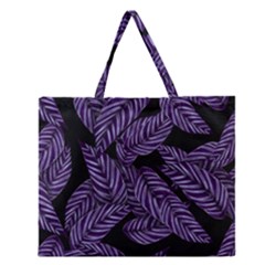 Tropical Leaves Purple Zipper Large Tote Bag