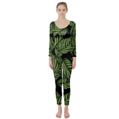 Tropical Leaves On Black Long Sleeve Catsuit