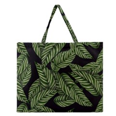 Tropical Leaves On Black Zipper Large Tote Bag by snowwhitegirl