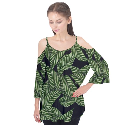 Tropical Leaves On Black Flutter Tees by snowwhitegirl