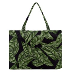 Tropical Leaves On Black Zipper Medium Tote Bag