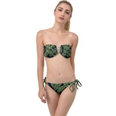 Tropical Leaves On Black Twist Bandeau Bikini Set