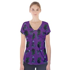 Gothic Girl Rose Purple Pattern Short Sleeve Front Detail Top