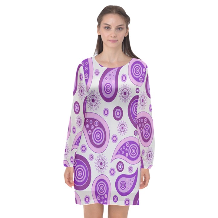 Retro Paisley Purple Long Sleeve Chiffon Shift Dress 