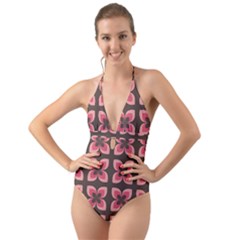 Retro Flower Pink Brown Halter Cut-out One Piece Swimsuit by snowwhitegirl