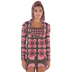 Retro Flower Pink Brown Long Sleeve Hooded T-shirt by snowwhitegirl