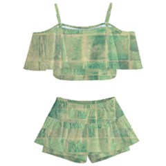 Abstract Green Tile Kids  Off Shoulder Skirt Bikini