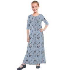 Skeleton Blue Background Kids  Quarter Sleeve Maxi Dress