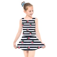 Black Stripes Roses Kids  Skater Dress Swimsuit