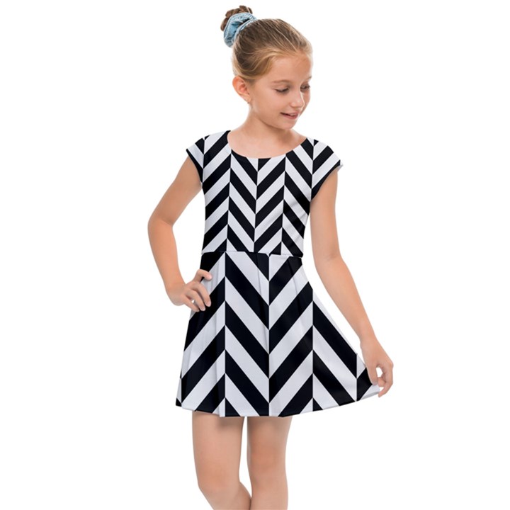 Black And White Herringbone Kids  Cap Sleeve Dress